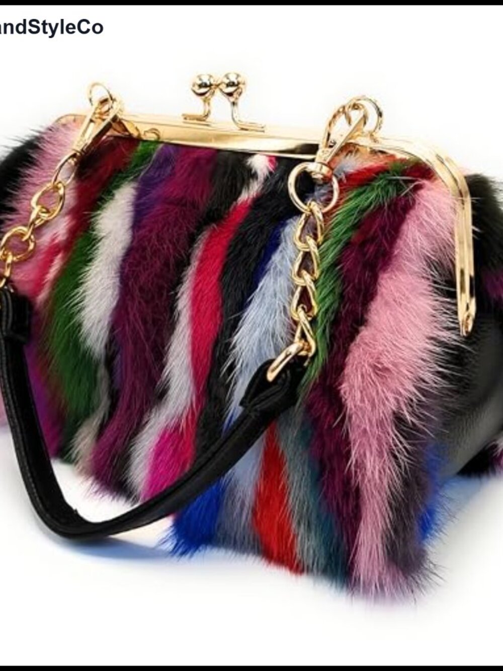 Mink Fur Satchel Handbag with Chain & Leather Handle